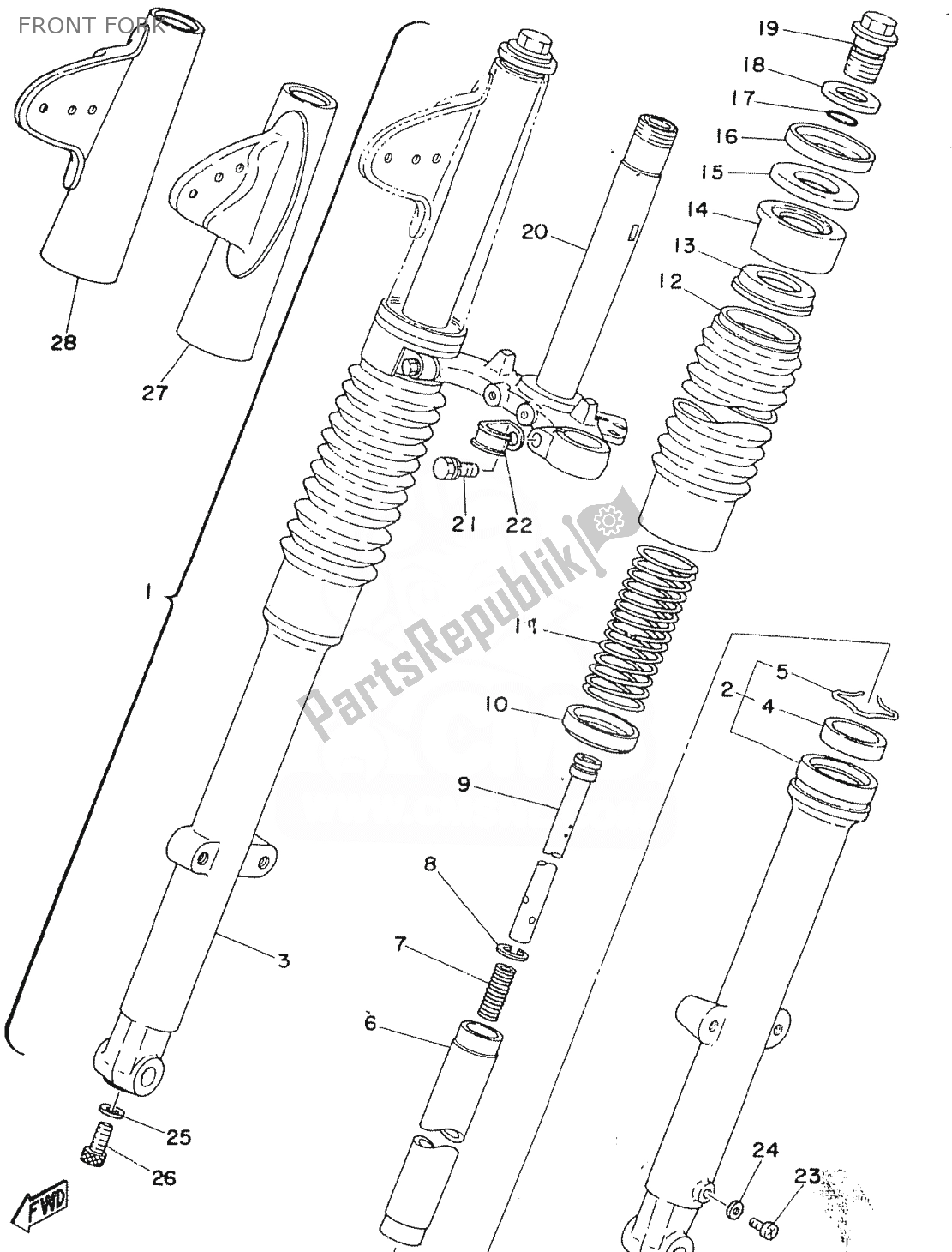 All parts for the Front Fork of the Yamaha FS1 1977