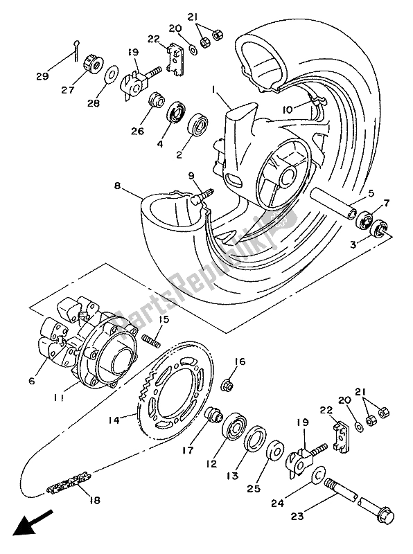 Alle onderdelen voor de Achterwiel van de Yamaha TDM 850 1993