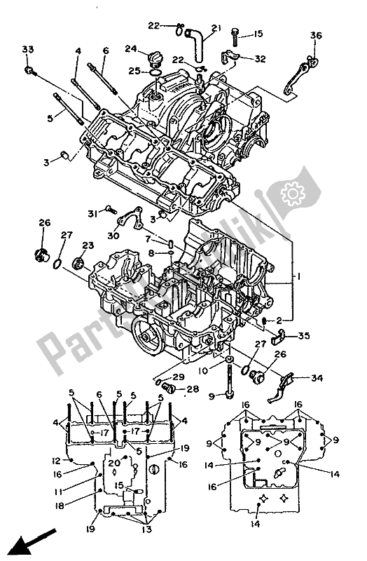 All parts for the Crankcase of the Yamaha FZX 750 1988