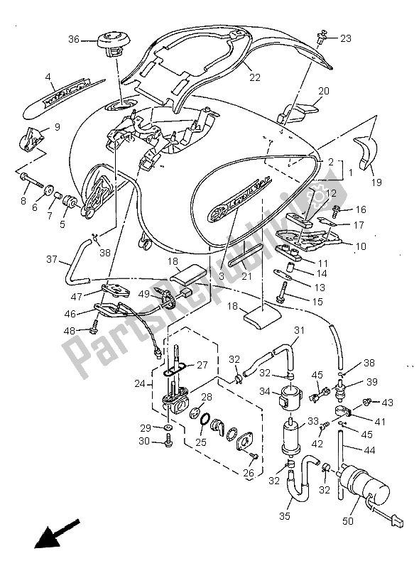 All parts for the Fuel Tank of the Yamaha XVZ 1300A Royalstar 1997