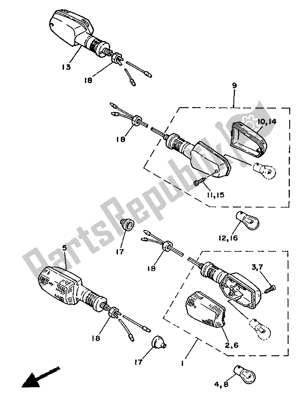 All parts for the Flasher Light of the Yamaha RD 350 LC 1986