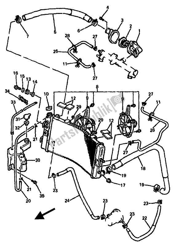All parts for the Radiator & Hose of the Yamaha GTS 1000A 1994