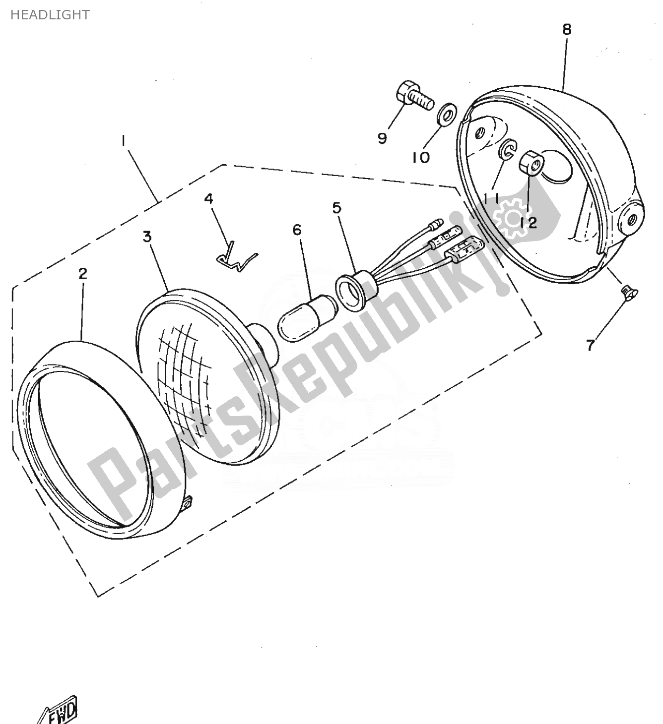 All parts for the Headlight of the Yamaha FS1 1980
