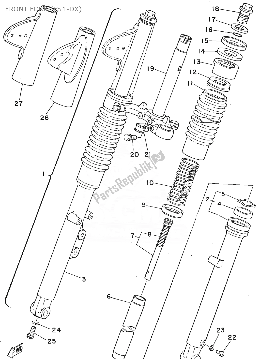 All parts for the Front Fork (fs1-dx) of the Yamaha FS1 1979