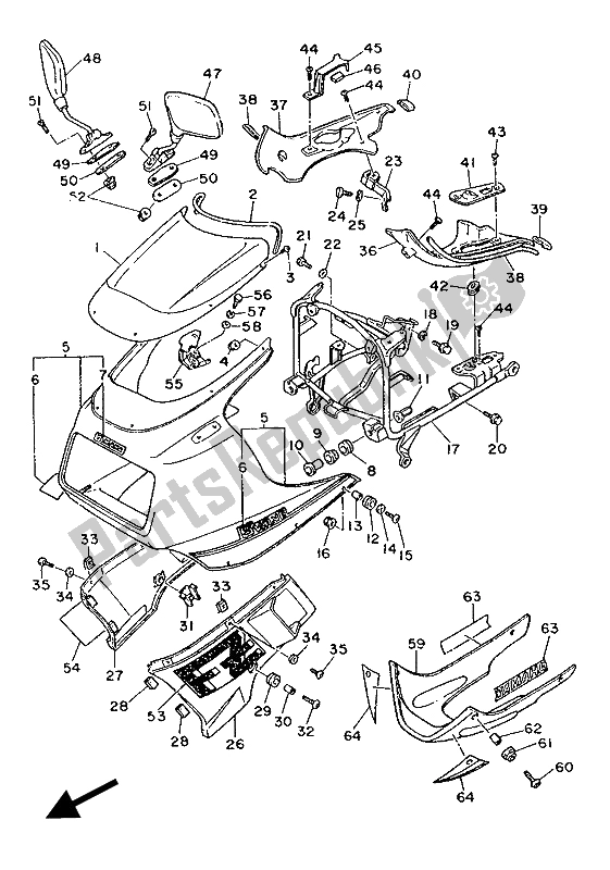 Alle onderdelen voor de Motorkap 1 van de Yamaha FZ 750 1986