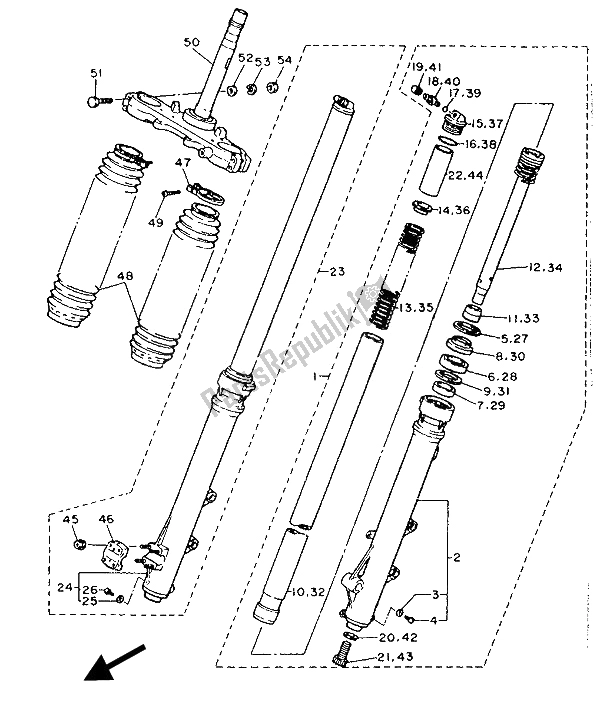 All parts for the Front Fork of the Yamaha XT 600 1989