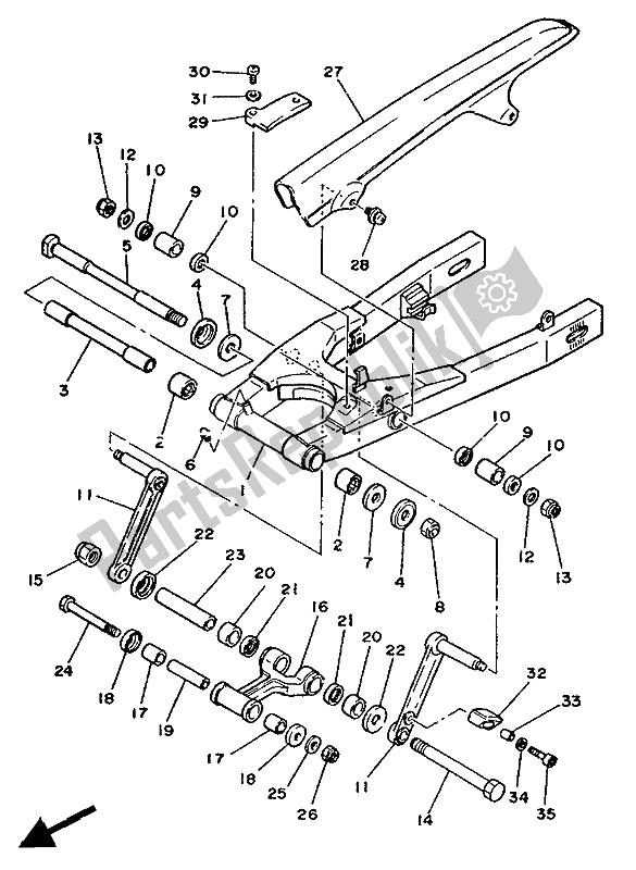Alle onderdelen voor de Achterste Arm van de Yamaha RD 350 LCF 1986