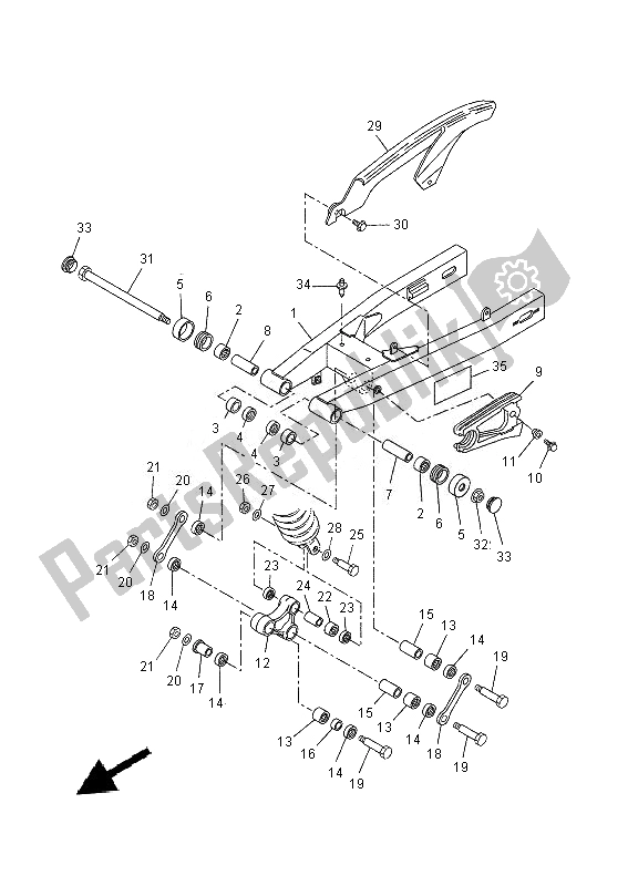 Alle onderdelen voor de Achterste Arm van de Yamaha XT 660R 2014