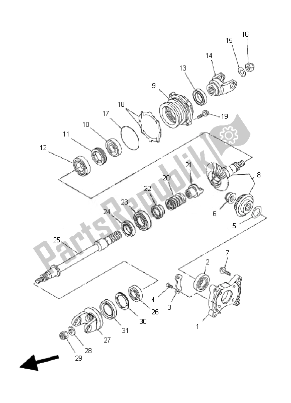 All parts for the Middle Drive Gear of the Yamaha YFM 350F Grizzly 4X4 IRS 2010