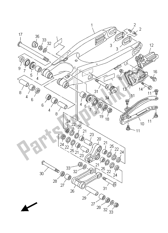 Alle onderdelen voor de Achterste Arm van de Yamaha YZ 250 2015