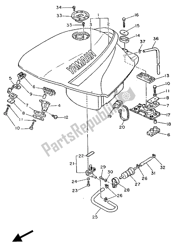 All parts for the Fuel Tank of the Yamaha FZ 750 1986