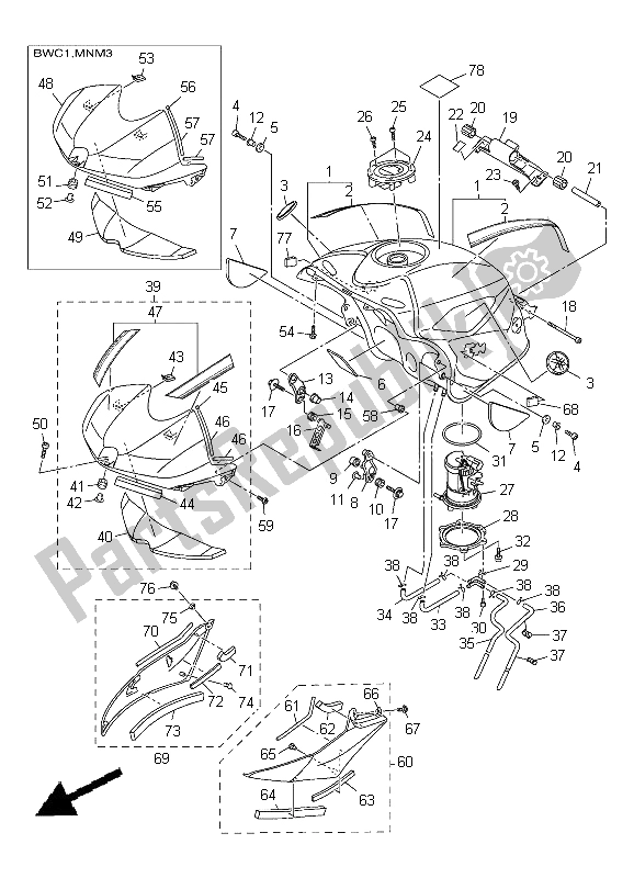 All parts for the Fuel Tank of the Yamaha YZF R6 600 2012