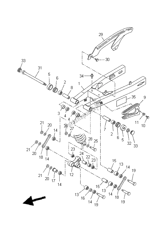 Alle onderdelen voor de Achterste Arm van de Yamaha XT 660R 2009