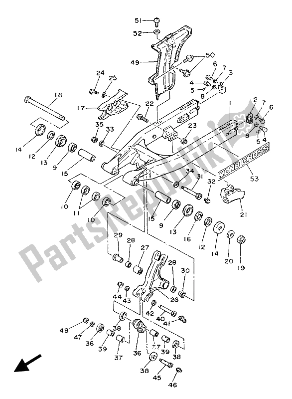 Alle onderdelen voor de Achterste Arm van de Yamaha IT 200 1986