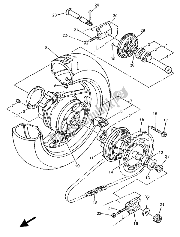 All parts for the Rear Wheel of the Yamaha GTS 1000A 1993