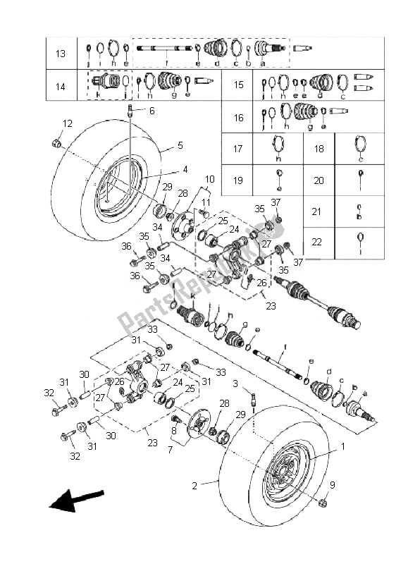 All parts for the Rear Wheel of the Yamaha YFM 350F Grizzly 2X4 2007