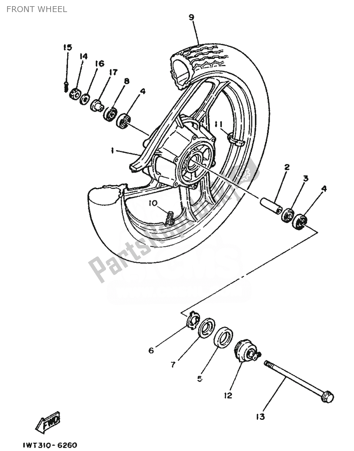 Alle onderdelen voor de Voorwiel van de Yamaha RD 350 1991