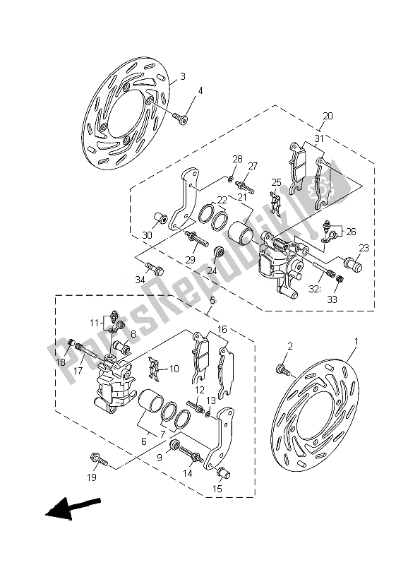 All parts for the Front Brake Caliper of the Yamaha YFM 700F Grizzly SE 2010