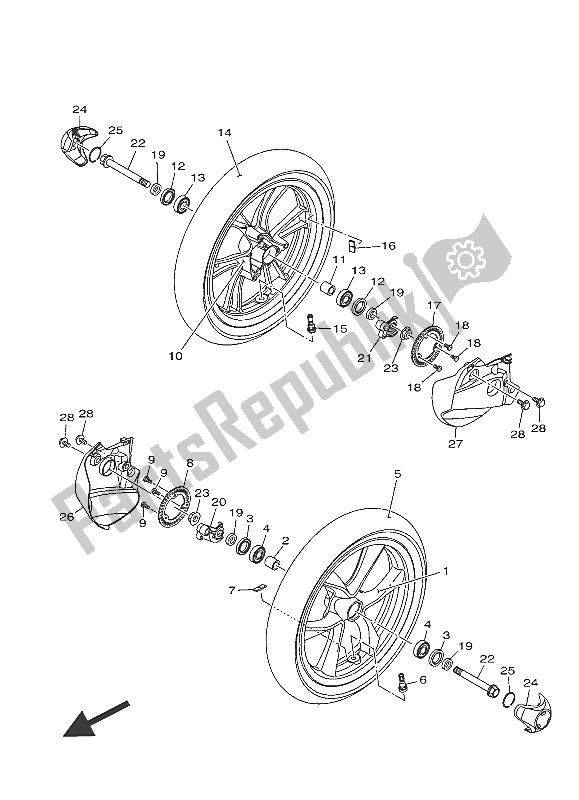 All parts for the Front Wheel of the Yamaha MW 125A 2016