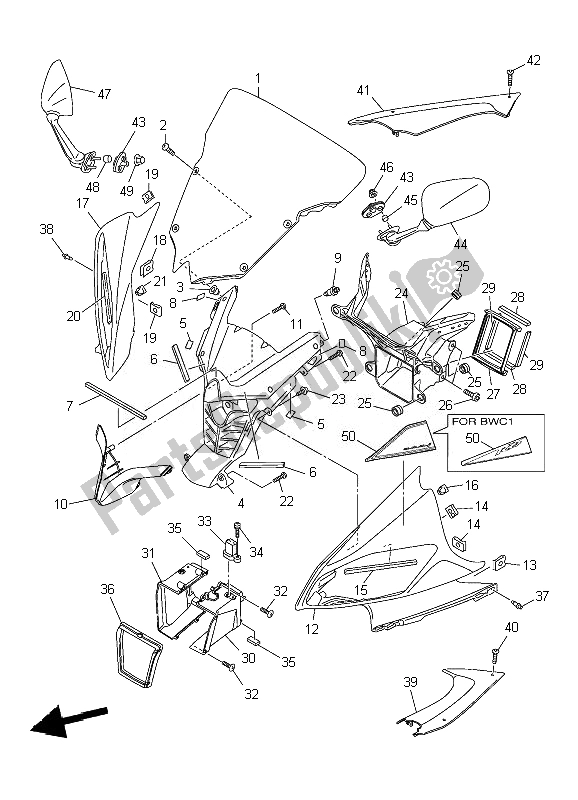 All parts for the Cowling 1 of the Yamaha YZF R6 600 2010