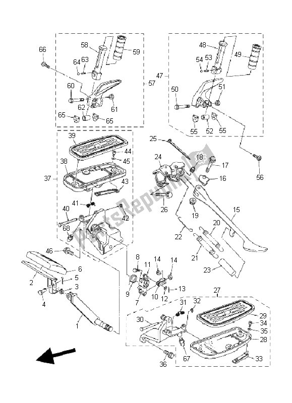 All parts for the Stand & Footrest of the Yamaha XVS 1300A Midnight Star 2008