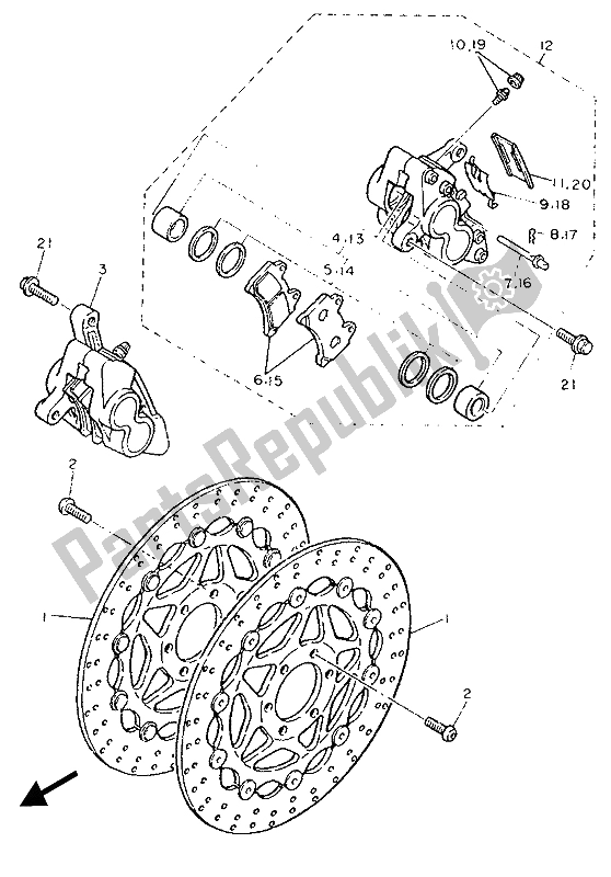 All parts for the Front Brake Caliper of the Yamaha FZR 1000 1987