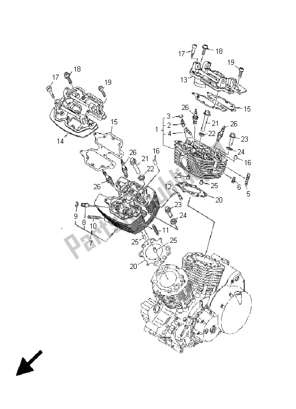 Alle onderdelen voor de Cilinderkop van de Yamaha XV 1600A Wildstar 2001