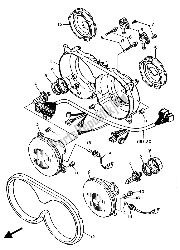 Alle onderdelen voor de Afwisselend (koplamp) van de Yamaha FZ 750R 1989