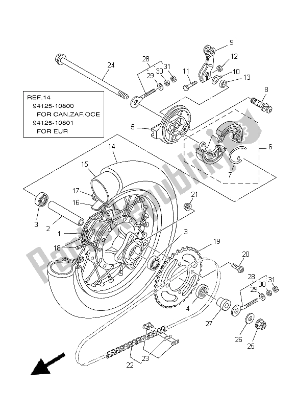 Alle onderdelen voor de Achterwiel van de Yamaha TT R 50E 2014