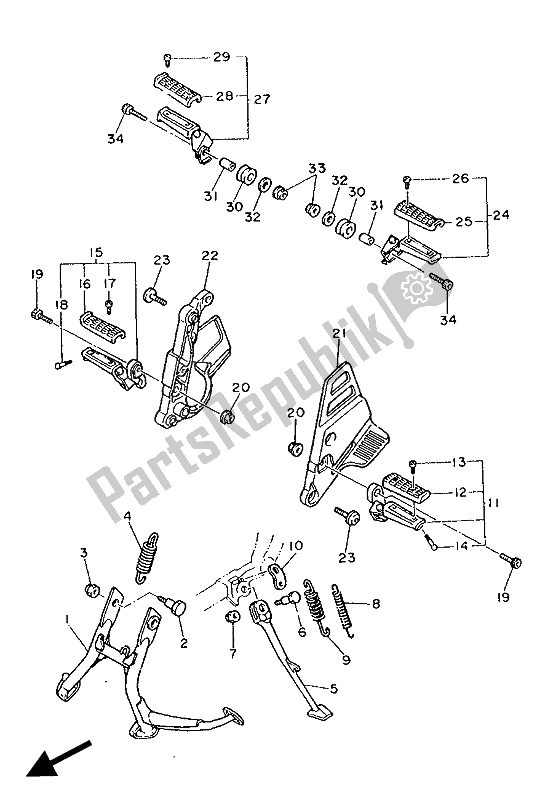 All parts for the Stand & Footrest of the Yamaha FZ 750 1986