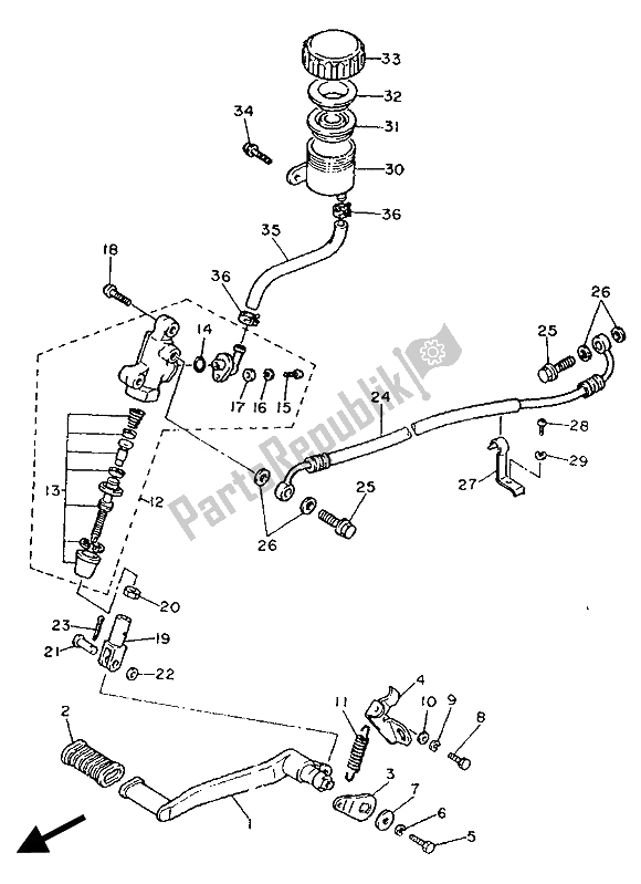 All parts for the Rear Master Cylinder of the Yamaha FZ 750 Genesis 1989