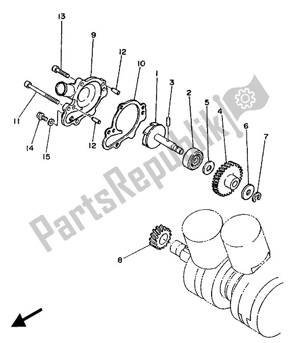 All parts for the Water Pump of the Yamaha TZR 250 1989