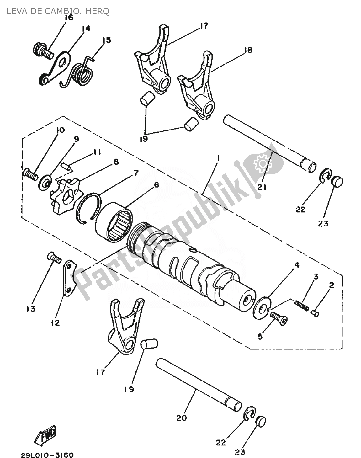 All parts for the Leva De Cambio. Herq of the Yamaha RD 350 1991