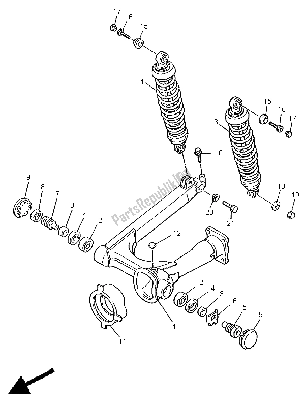 Alle onderdelen voor de Achterarm & Ophanging van de Yamaha XV 1100 Virago 1998