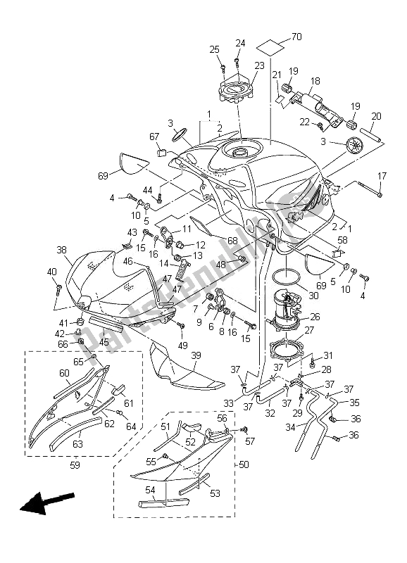 All parts for the Fuel Tank of the Yamaha YZF R6 600 2010