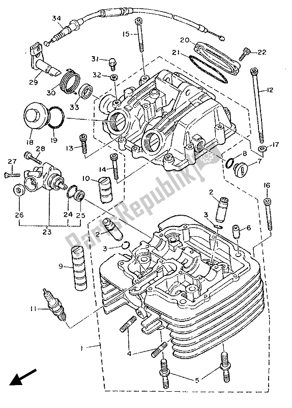 All parts for the Cylinder Head of the Yamaha SRX 600 1987