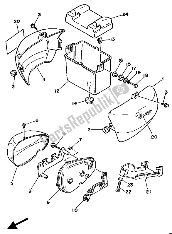 All parts for the Side Cover & Oil Tank of the Yamaha XV 535 Virago 1990