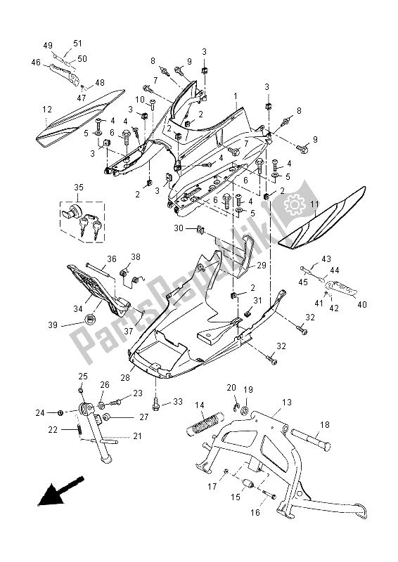 Alle onderdelen voor de Standaard & Voetensteun van de Yamaha YP 125 RA 2014