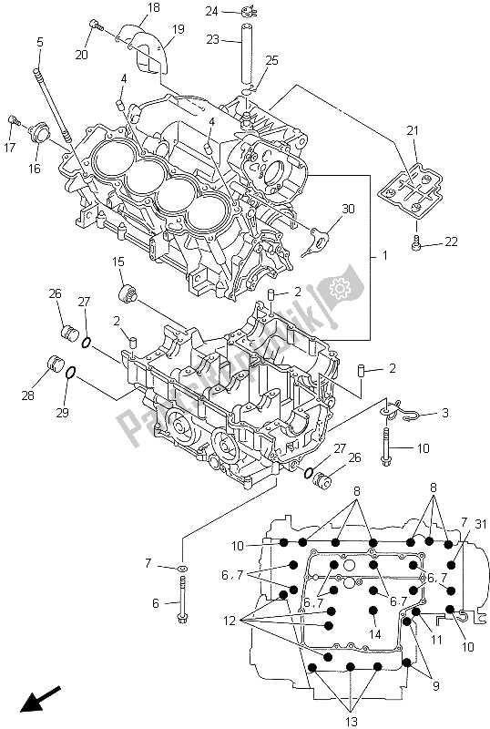 All parts for the Crankcase of the Yamaha YZF R7 700 1999