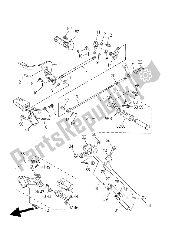 All parts for the Stand & Footrest of the Yamaha XVS 650 Dragstar 2002