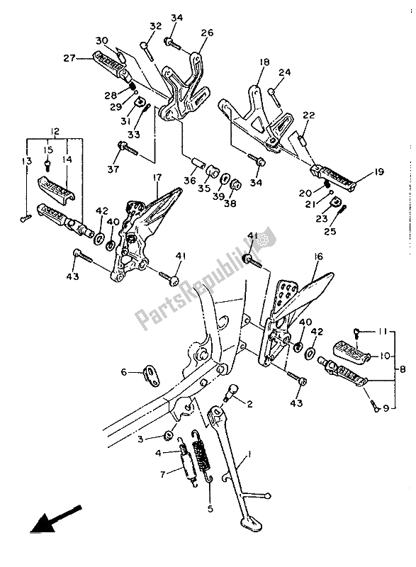 All parts for the Stand & Footrest of the Yamaha FZ 750R 1988