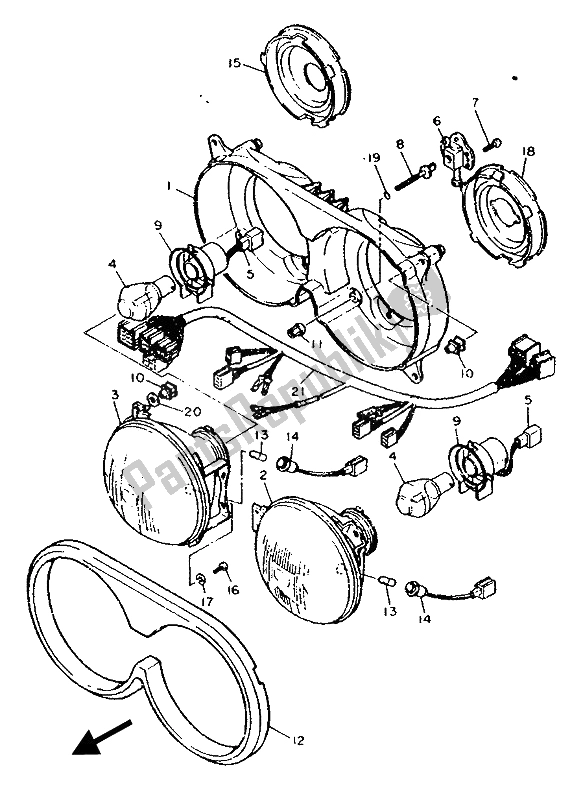 All parts for the Headlight of the Yamaha FZR 750 RW 1989