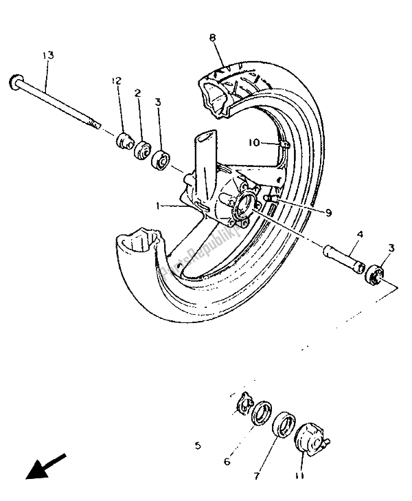 All parts for the Front Wheel of the Yamaha FZR 400 RR 1992