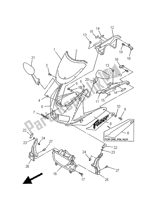 All parts for the Cowling 1 of the Yamaha FZS 600 SP 2000