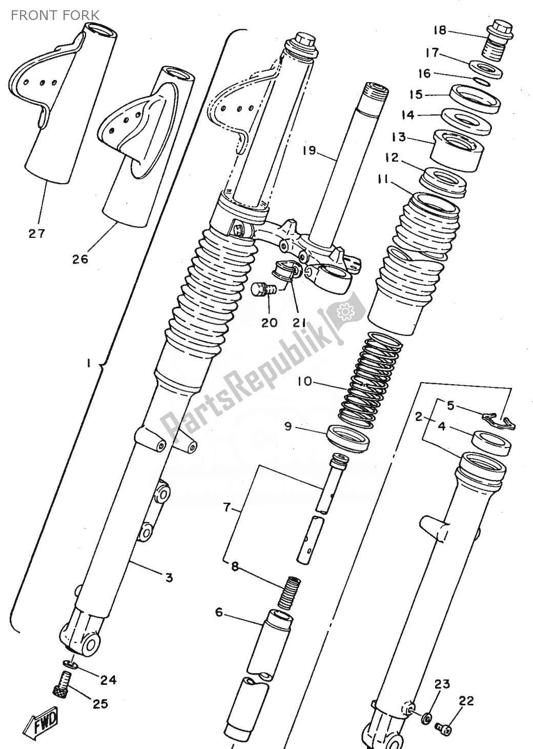 All parts for the Front Fork of the Yamaha FS1 1980