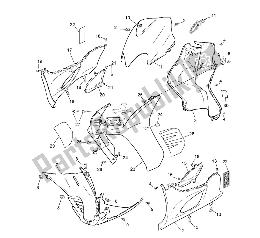 All parts for the Leg Shield of the Yamaha JOG R AC 50 2000 - 2010