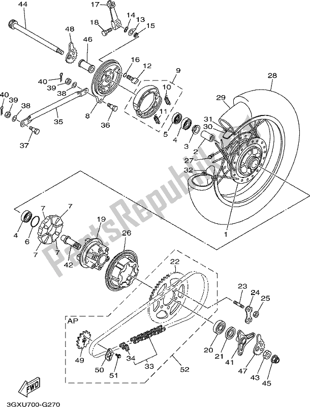 Alle onderdelen voor de Achterwiel van de Yamaha AG 200 FE 2020