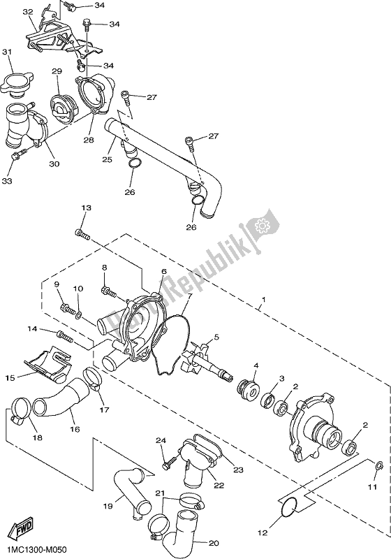 All parts for the Water Pump of the Yamaha FJR 1300 AE 2017