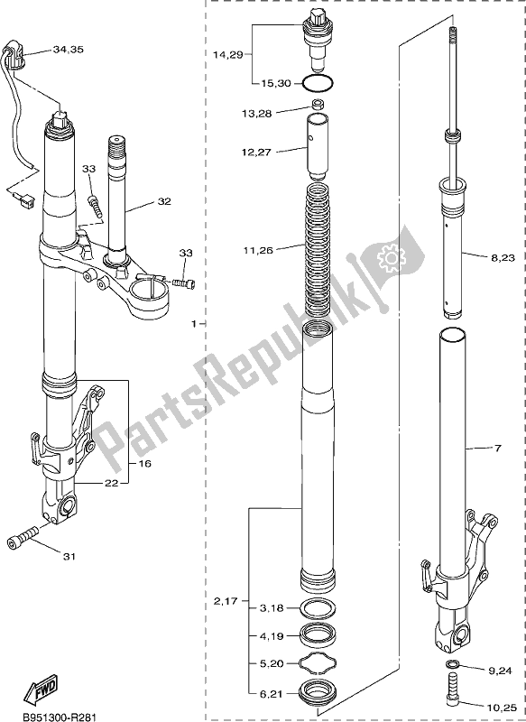 All parts for the Front Fork of the Yamaha FJR 1300 AE 2018