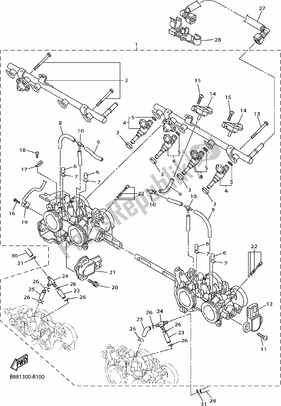 All parts for the Intake 2 of the Yamaha FJR 1300 AE 2018